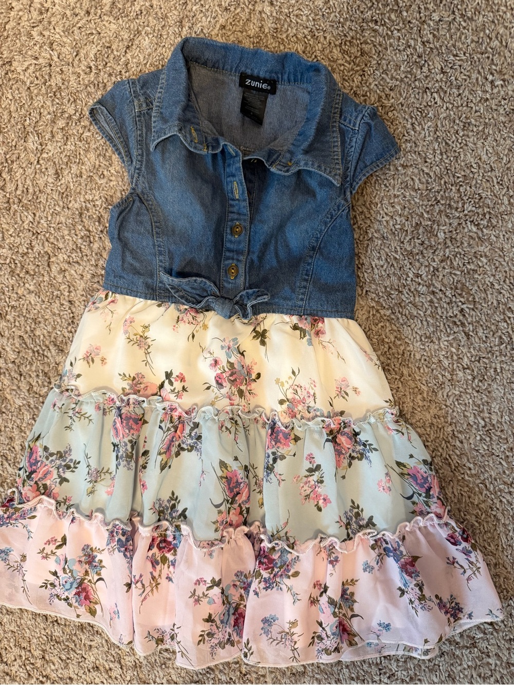 Zunie Denim Bodice Floral Tiered Dress in Blue, Cream, Pink